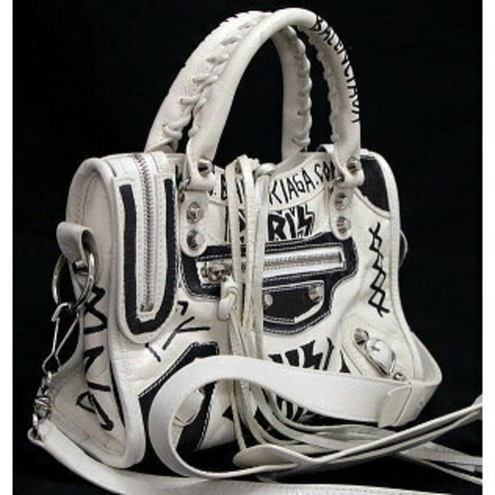 Balenciaga City Graffiti Shoulder Bag Leather Black White - Picture 2 of 6